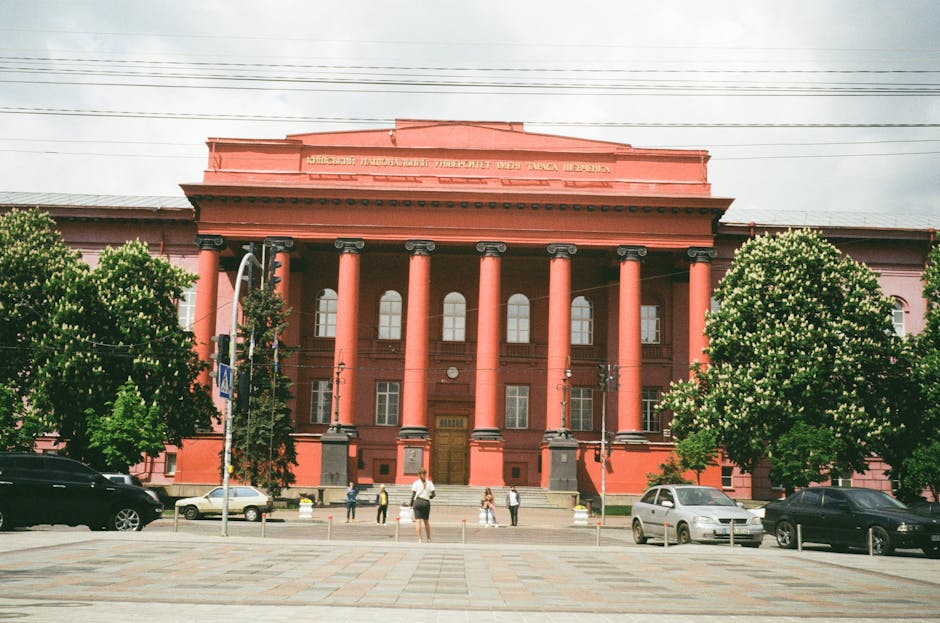 Red facade university building in Kyiv